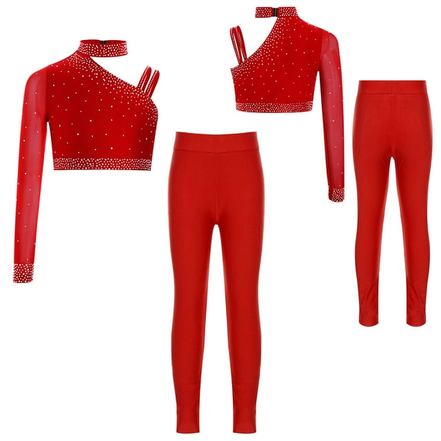 TiaoBug Activewear Set for Girls Figure Ice Skating Costume 2 Piece Dance Outfits Rhinestone Ballet Dancewear Red 6
