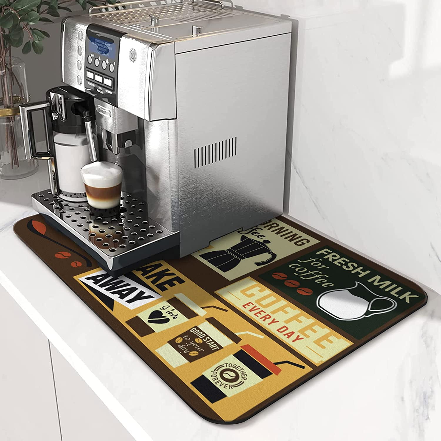 Cafe Theme Coffee Mat 24x18 Inch for Kitchen Counter, Silicone Dish