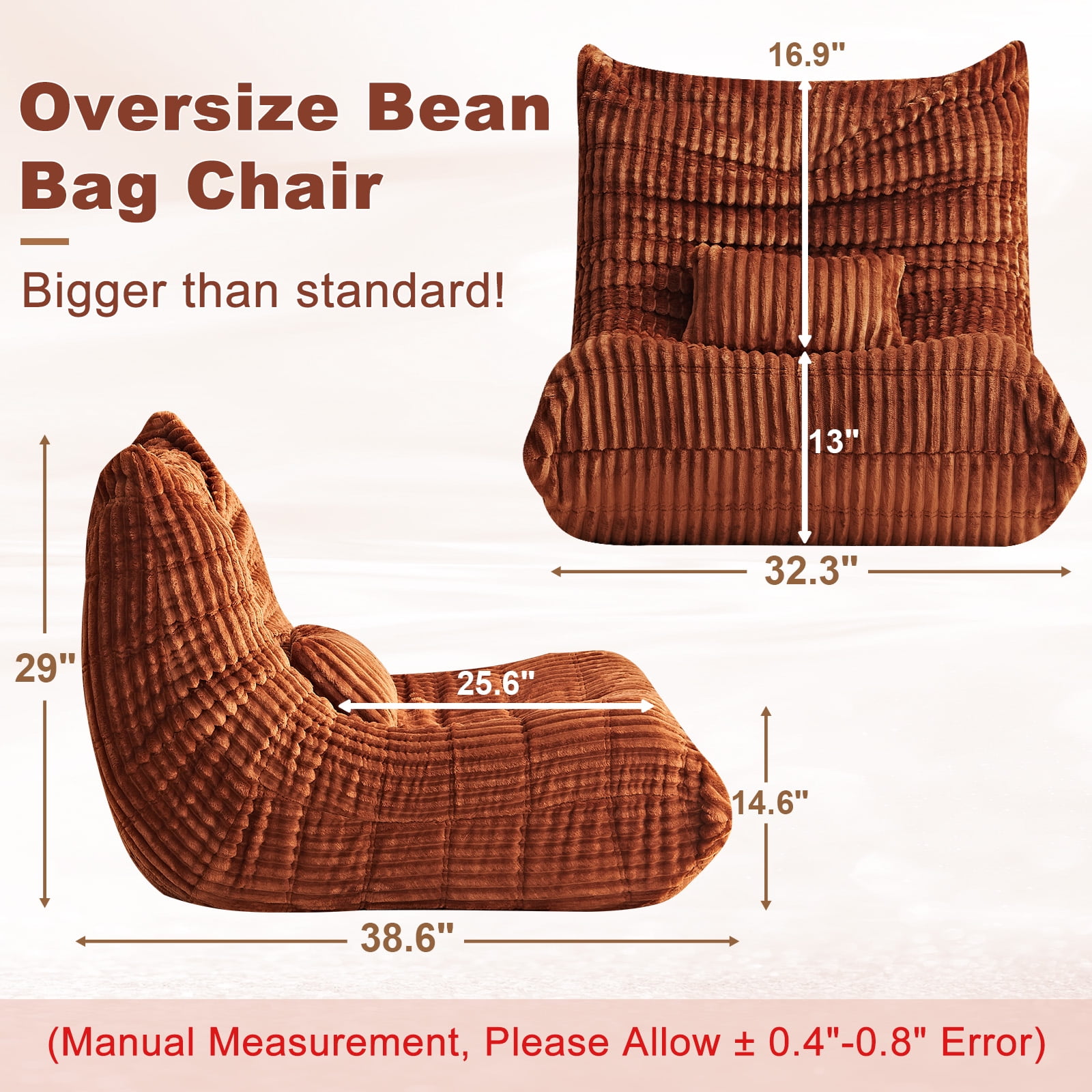 Bean Bag Chair for Adults with Lumbar support pillow Memory Foam Giant Bean Bag Sofa with Corduroy Material Lazy Sofa for Living Room Bedroom Dorm Office, Orange