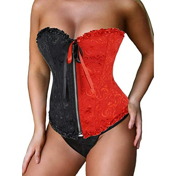 Women's Lace Up Boned Plus Size Overbust Corset Bustier Stitching Color Bodyshaper Top With G-String