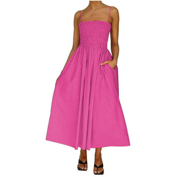 Summer Saving Wycnly Summer Dresses for Women Fashion Elastic Waist Pleated Swing Spaghetti Strap Pocket Long Dresses 2024 Sleeveless Tube Top Solid Maxi Formal Dress Hot Pink XL