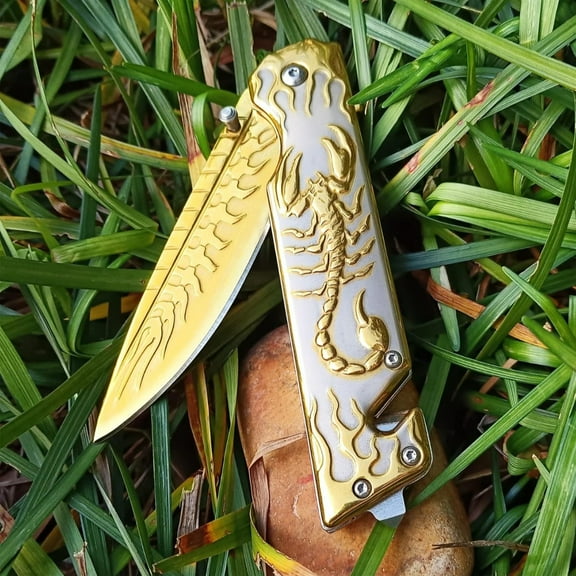 Golden Scorpion Pattern Stainless Steel Folding Knife - Spear Point Blade, Ambidextrous Grip, Ideal for Outdoor Camping & Hiking