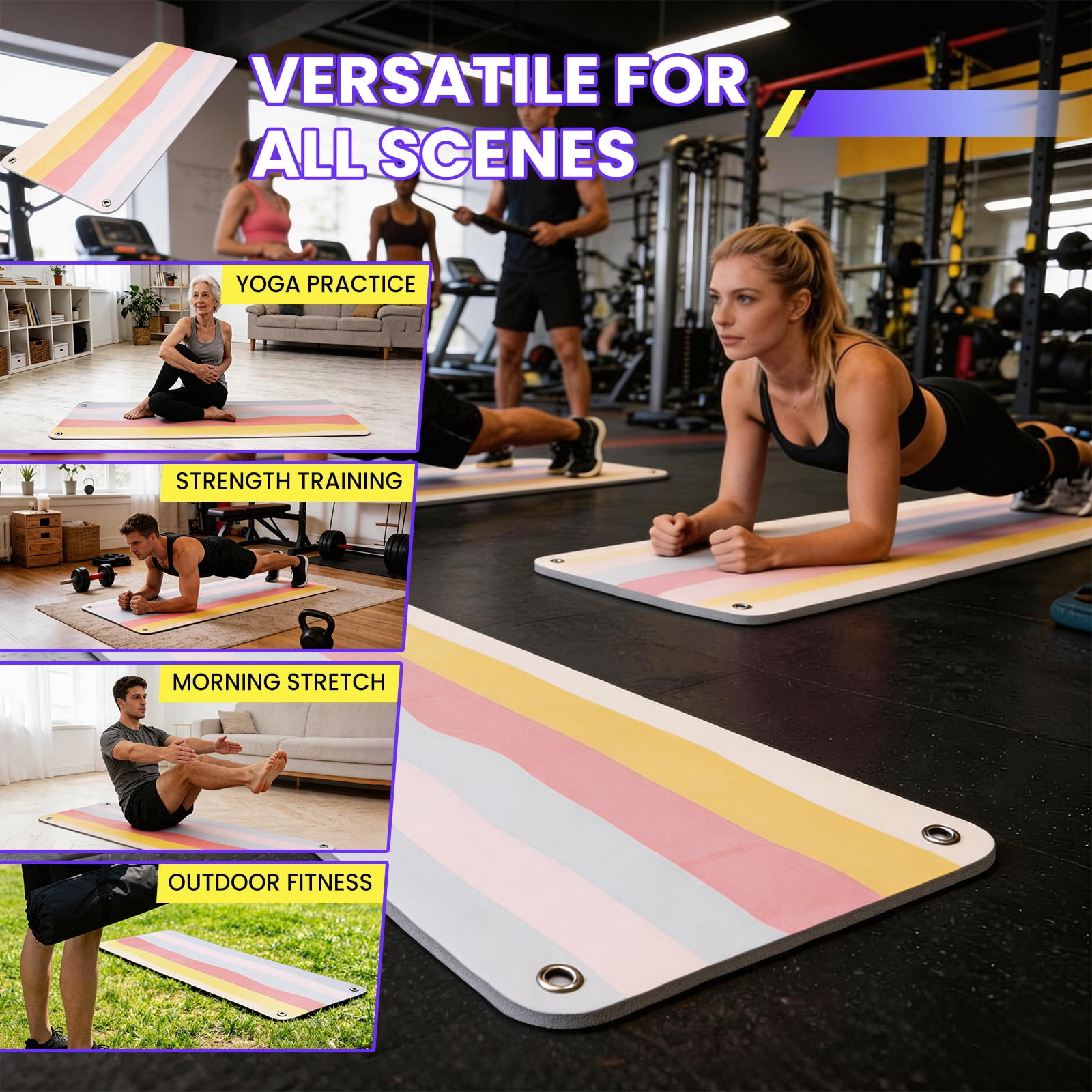 MAROUTE Commercial Grade Hanging Exercise Mat – Durable 5mm Thick PVC Yoga & Workout Mat with Reinforced Holes – Ideal for Home Gym, Pilates, Stretching, Group Fitness – Black