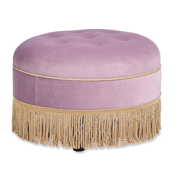 Round Upholstered Accent Ottoman in Lavender Velvet with Gold Fringe Trim