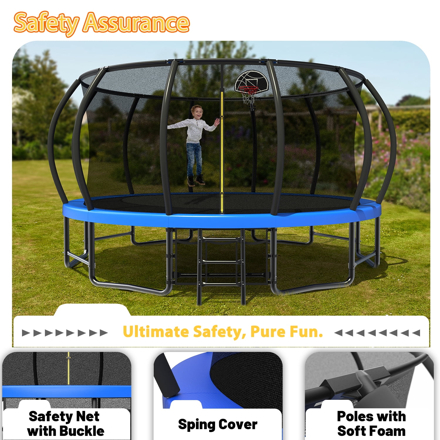 Alvantor 16Ft Trampoline for Kids & Adults, Upgrad Pumpkin Trampolines with Enclosure Net and Basketball Hoop for Backyard Blue