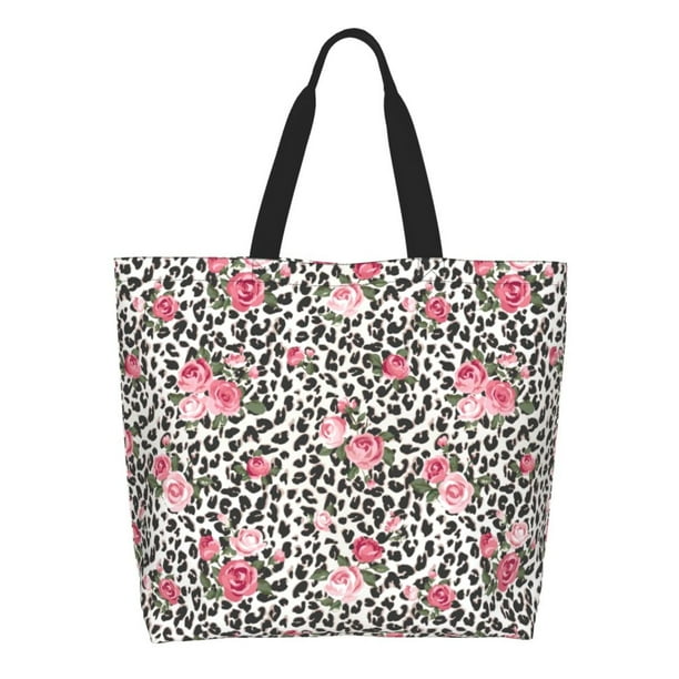 Balery Rose Mix Leopard 3 Bolsa Tote Estilo Estético con Cremalleras, Bolsa de Hombro, Bolsa de Compras Grande y Plegable