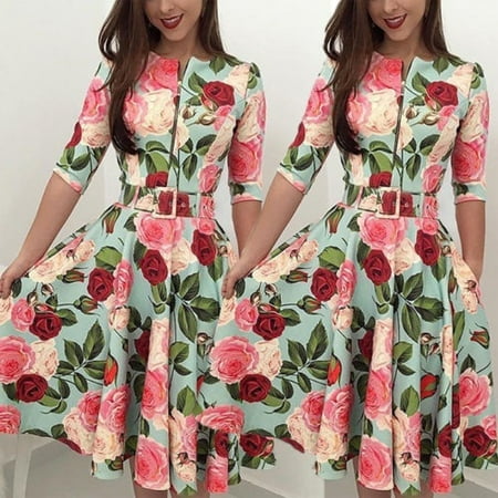 Floral Cocktail - Floral Print Women Belt Mini Dress Bardot Bodycon Skater Ladies Cocktail Size S-XL