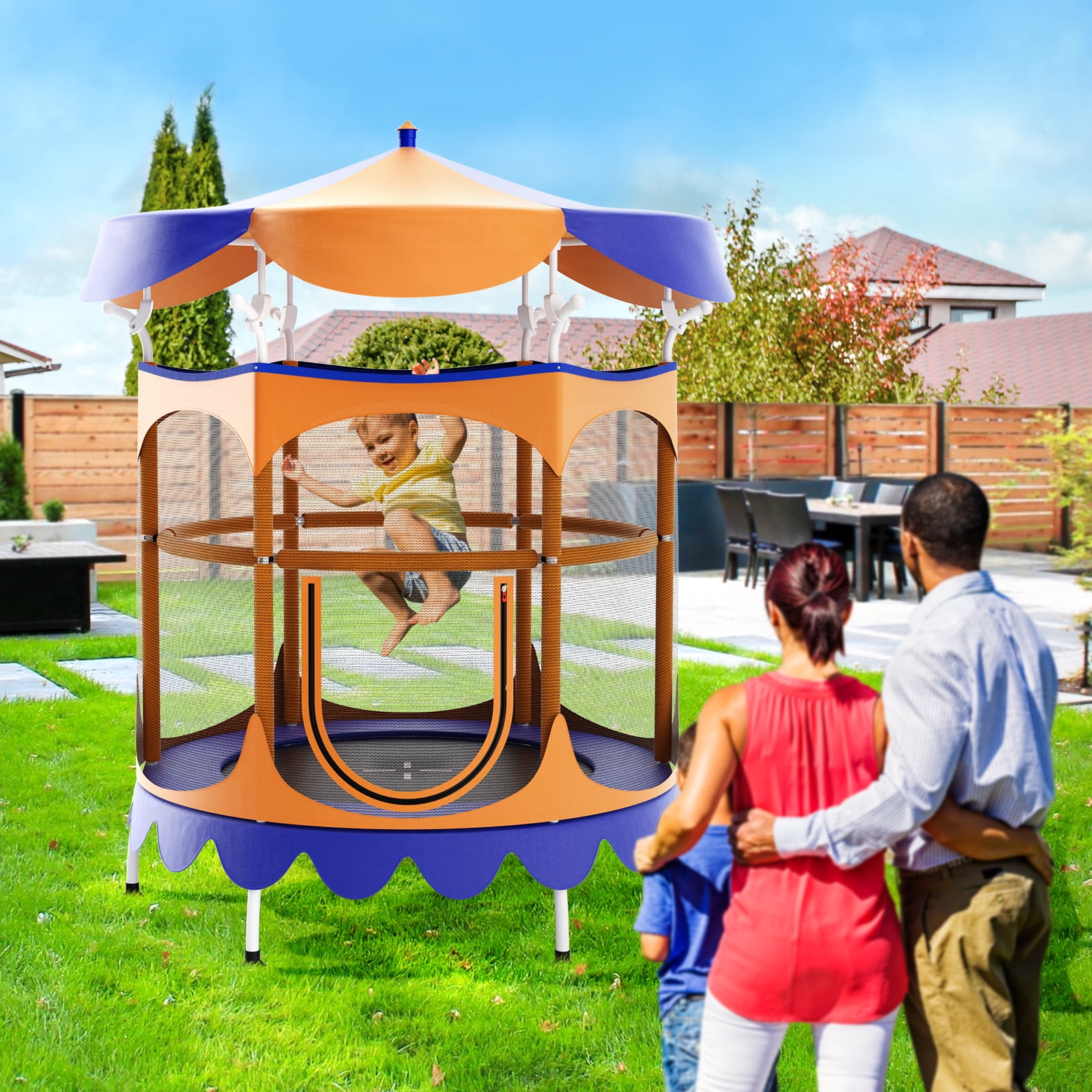 Infans 64" Kids Trampoline w/ Detachable Canopy Safety Enclosure Net Foam Handle Orange