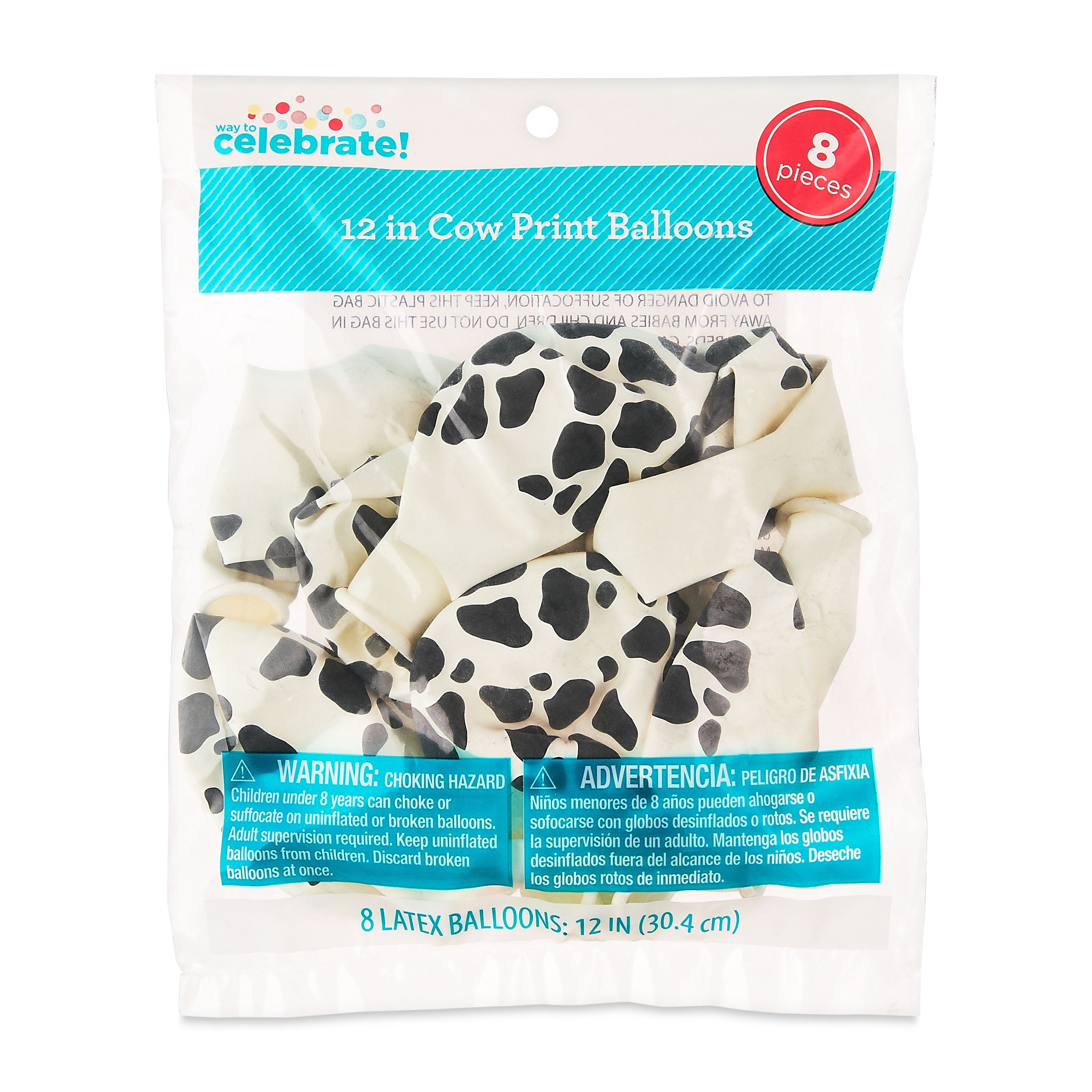 12" Black/White Cow Print Latex Balloons, 8 Pieces, by Way To Celebrate