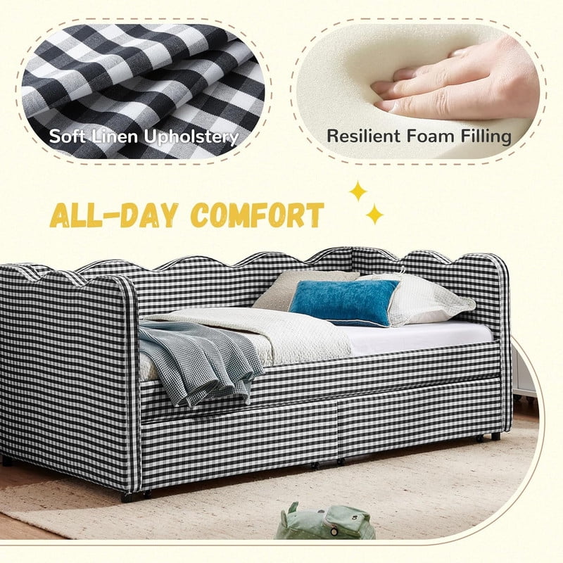 Twin Size Cozy Gingham Daybed with 2 Storage Drawers, Wave Shaped Linen Fabric Sofa Bed with USB Port for Living Room Bedroom
