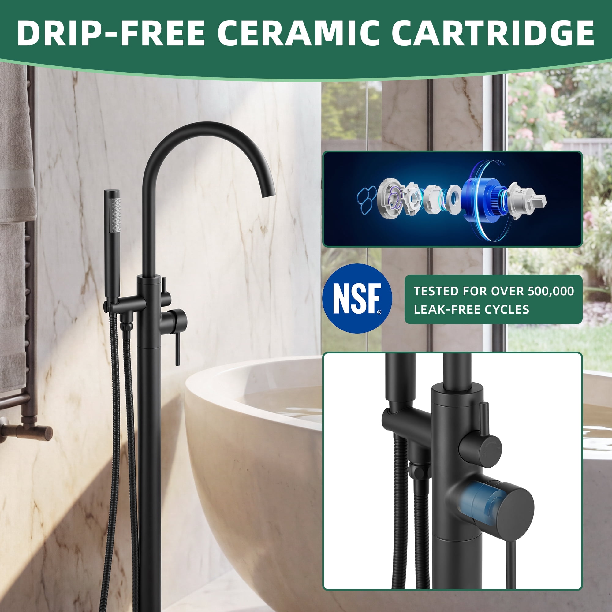 Free Standing Tub Faucet, High Flow Freestanding Bathtub Faucet with Handheld Shower & Gooseneck Spout, 360°Swivel Tub Filler, Brass Body, Matte Black