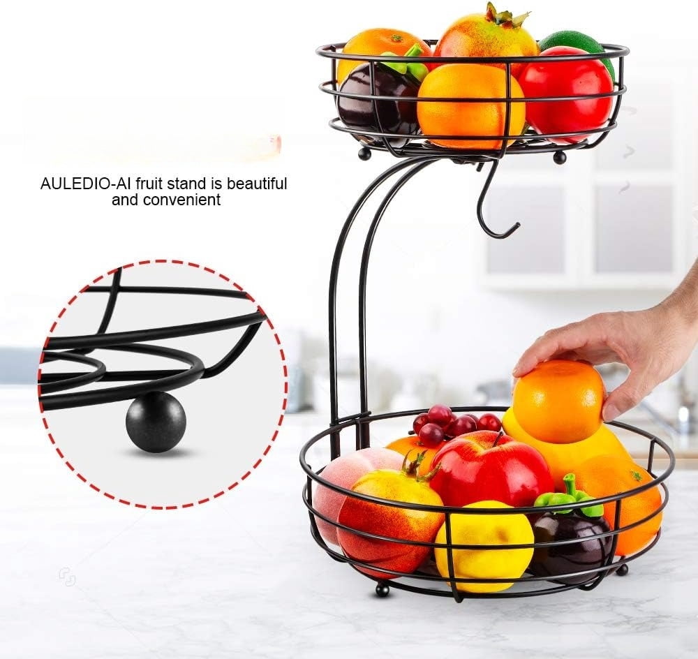 Iron 2-Tier Countertop Fruit Vegetables Basket Bowl Storage With Banana Hanger, Black, 64 ounces