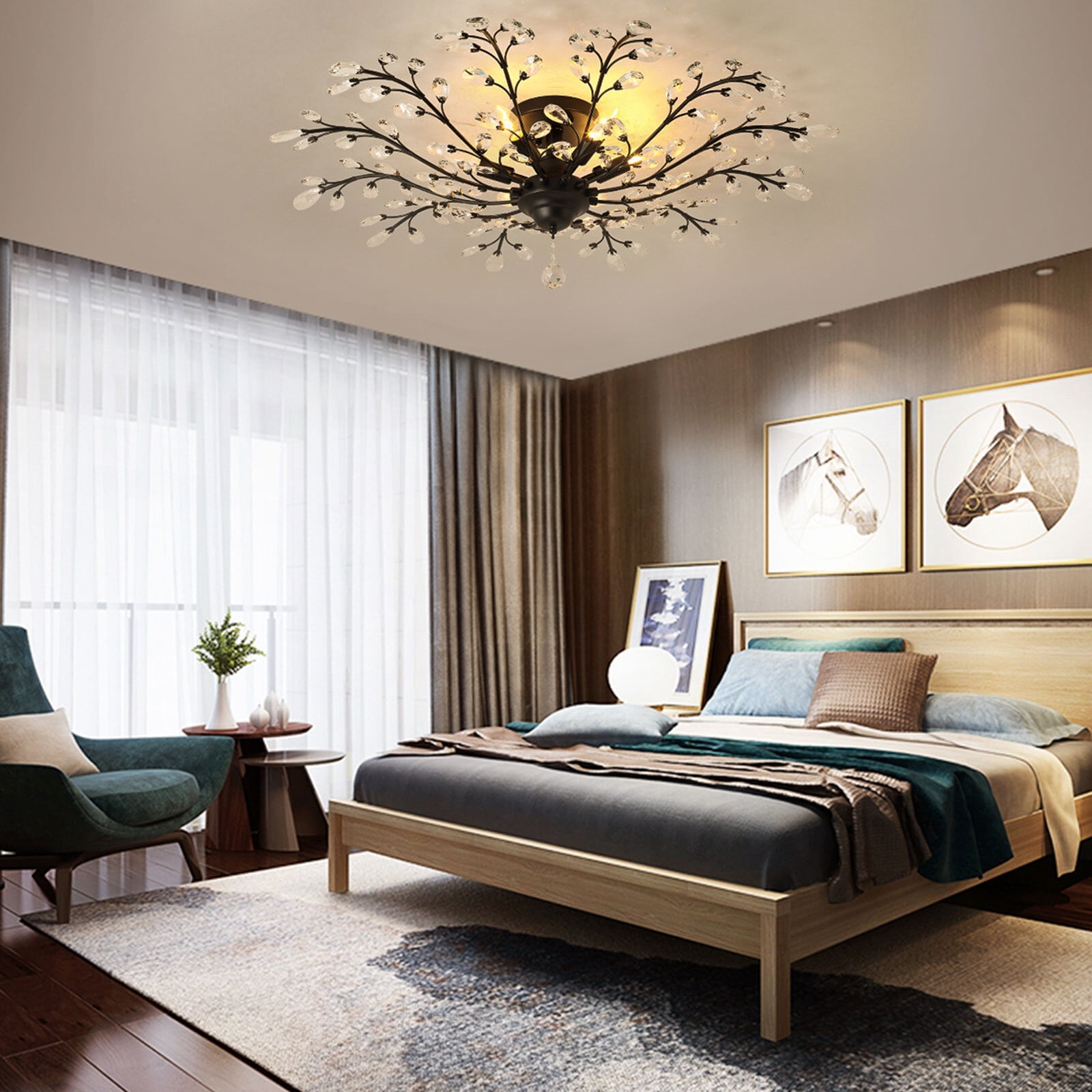 Crystal Chandelier Lighting, Metallic Paint Branches Crystal Chandelier Fixture with 5 Lights, Modern Black Semi Flush Mount Ceiling Light Fixture for Bedroom Living Room