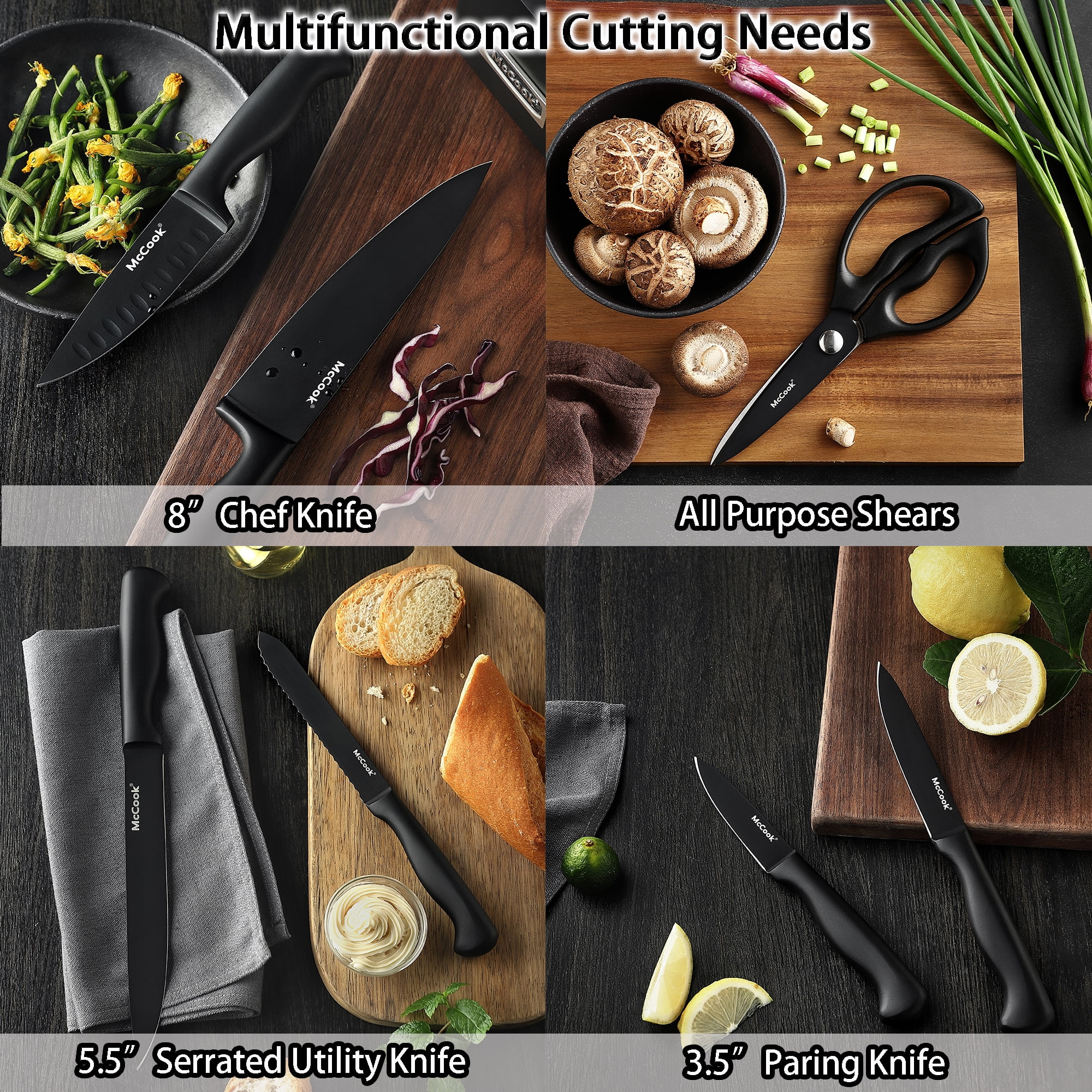 McCook MC21B Black Knife Set, 15 PCS High Carbon One Piece Forged Stainless Steel Kitchen Knife Set, Knife Set with Block and Built-in Sharpener ,6 Pcs Steak Knives