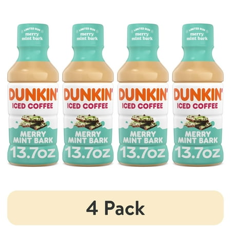 (4 pack) Dunkin' Merry Mint Bark Iced Coffee Single Bottle, 13.7 fl oz