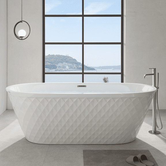 59'' acrylic freestanding bathtub with unique diamond pattern design: spacious oval shape, Gloss white finish, Chrome overflow and pop-up drain CUPC Certificate