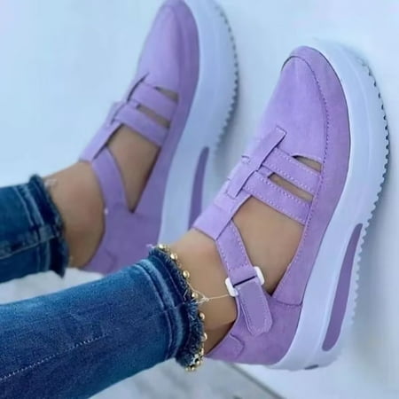 

XIAQUJ 2023 Summer New Large Women s Shoe Slope Heel Thick Sole Casual Single Shoe Solid Color Hollow Breathable Hook Loop Casual Shoe Sandals for Women Purple 6.5(37)
