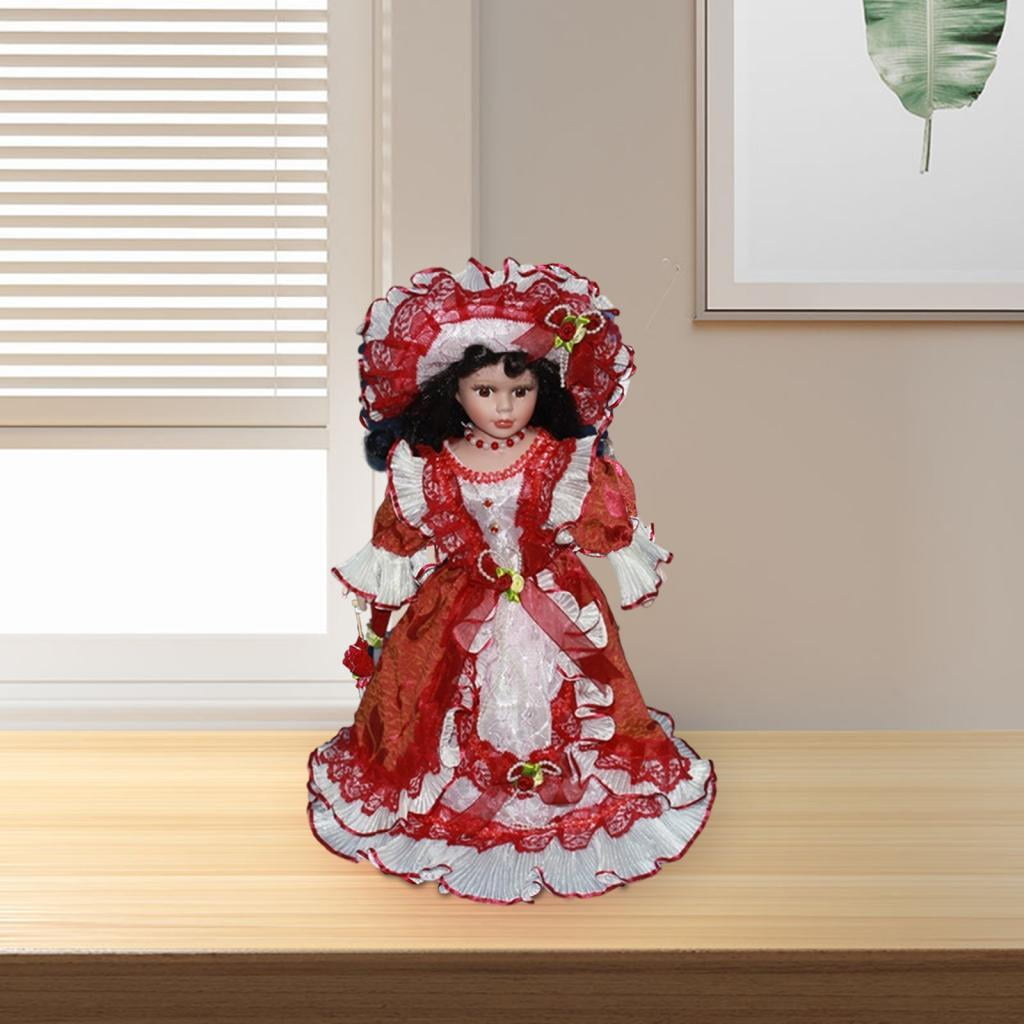 LeeQinersw 40cm Beautiful Curly Hair Collectible Ceramic Doll Dollhouse Lady with Dress for Red