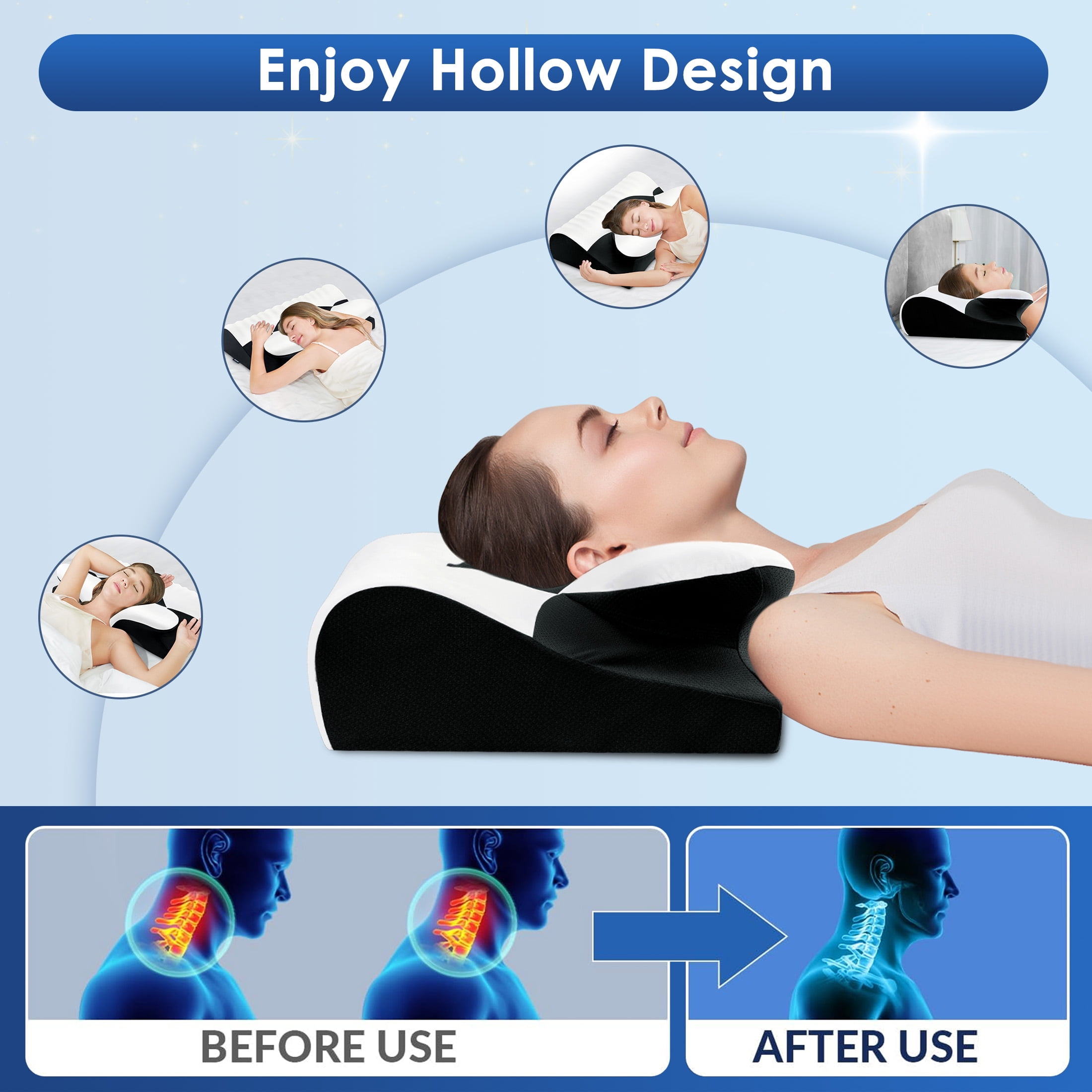Ergonomic Cervical Memory Foam Pillow for Neck Pain Relief, Orthopedic Contour Pillow with Breathable Cover, for Side, Back, and Stomach Sleepers, Queen Size 23.6"x14.2"x4.7", Black