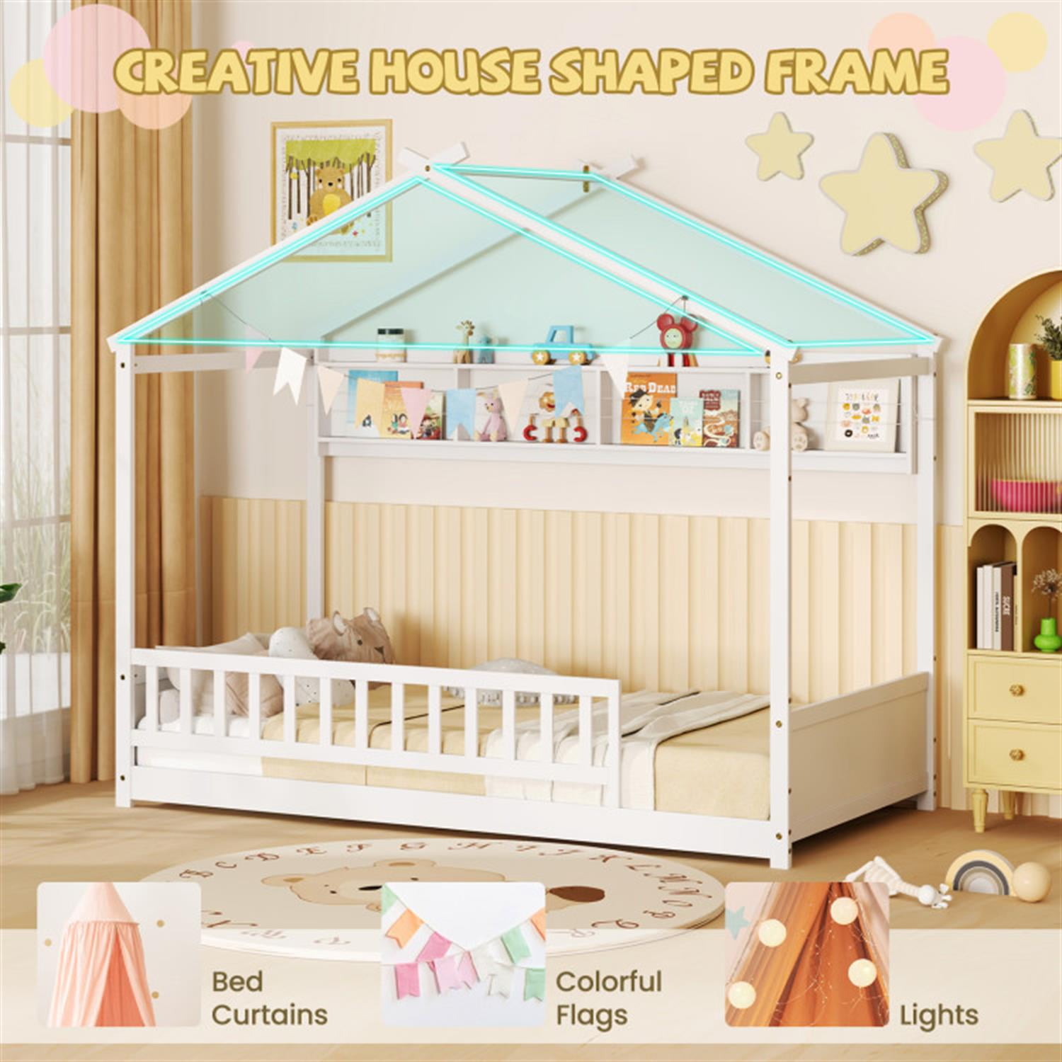 Demi Bonn Twin Size House Bed Frame with Storage Shelf and Headboard, Wooden Floor Bed Frame with Fence and Roof for Bedroom, White