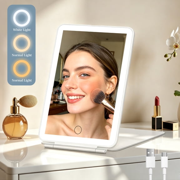 FUNTOUCH Lighted Travel Mirror, 3 Color Makeup Mirror, Portable Vanity Mirror, Rechargeable Folding Cosmetic Mirror