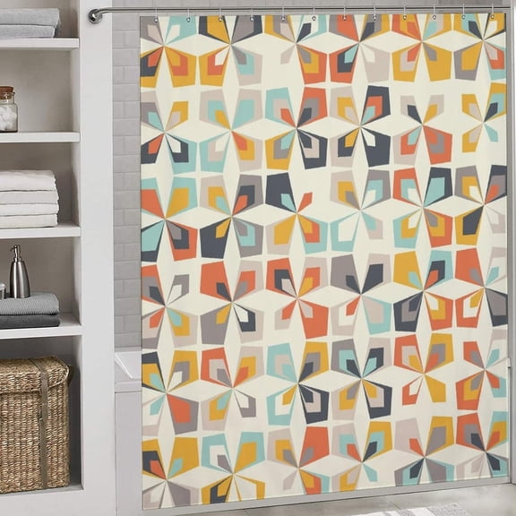 Bath Curtain Mid Century Geometric Shower Curtain, Modern Art Pattern of Colorful Retro Shapes Forms Print Polyester Cloth Fabric Bathroom Decor Set with Hooks 72"W x 78"L (Pack of 1)