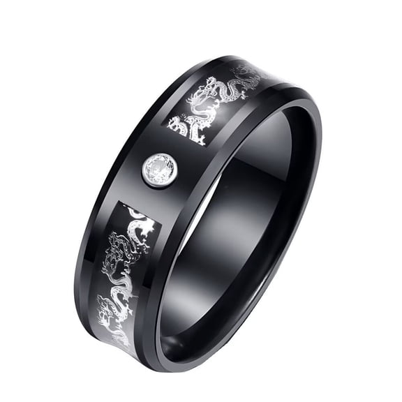 HIJONES Men Women's Carbon Fiber Dragon Ring Stainless Steel Retro Vintage Band Jewelry White Diamond Size 10