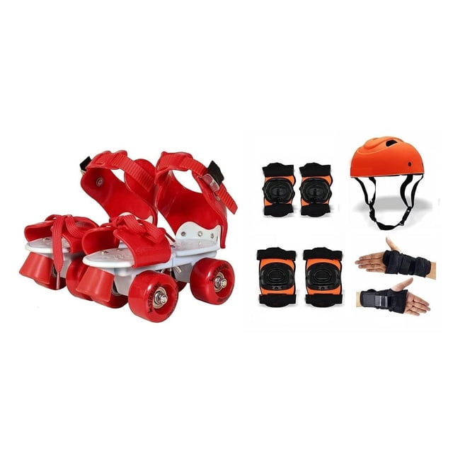 Qwick Click Roller Skates With Protective Set Guard Protection Kit For Skating, Cycling, Skateboarding For Kids Age 6-15 Years With Knee, Elbow And Wrist Guards (Red & Orange)