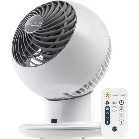 WOOZOO Air Circulator Fan with Remote, Oscillating, 5 Speeds, 82ft Max Distance, 90° Adjustable Tilt, 30db Quiet Motor, Small for Bedroom, Office, Dorm, White