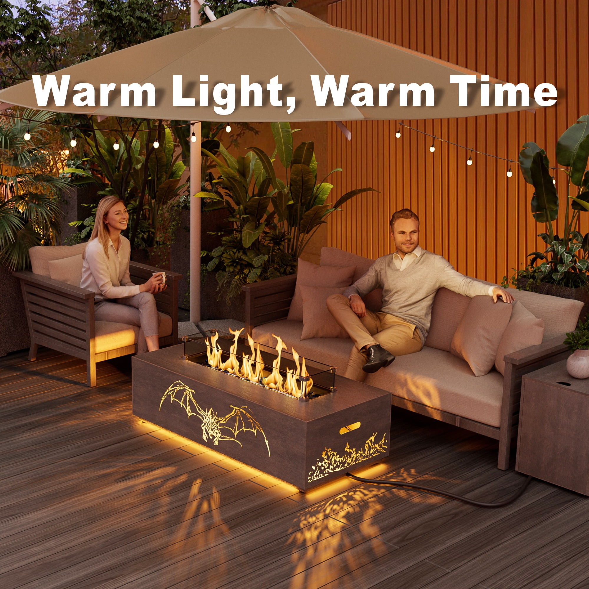 Evita 42" Fire Pits for Outside 50,000 BTU Propane Fire Pit for Outside Patio, Outdoor Fire Pit Table with Golden LED Lights