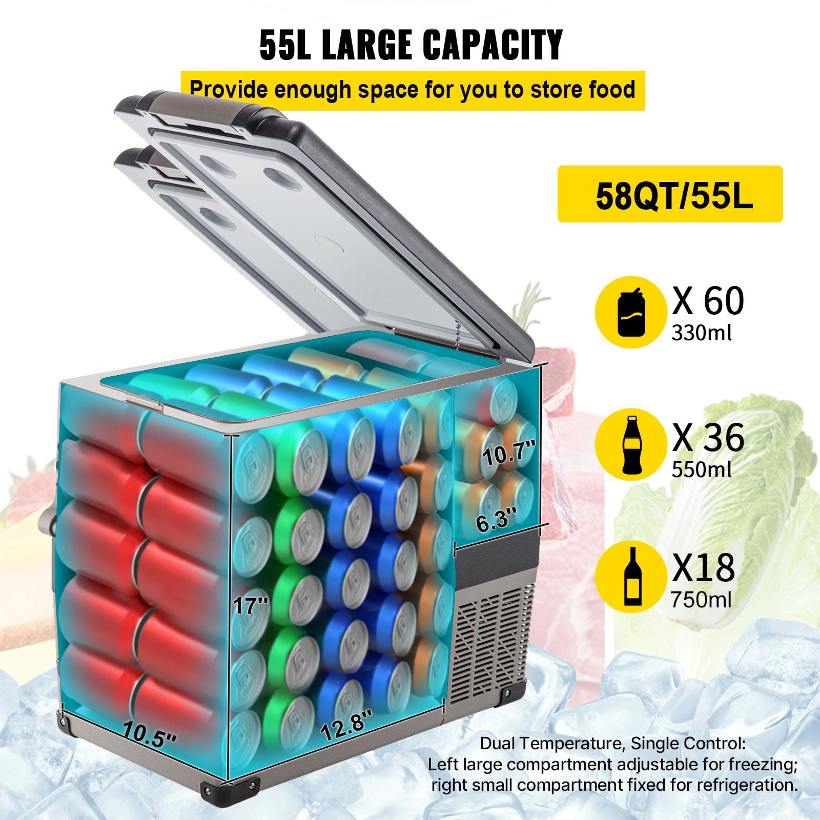 12V car refrigerator 58 quarts dual temperature zone, compressor refrigeration 12/24V DC 110-240V AC, dual-purpose car and home, truck RV camping