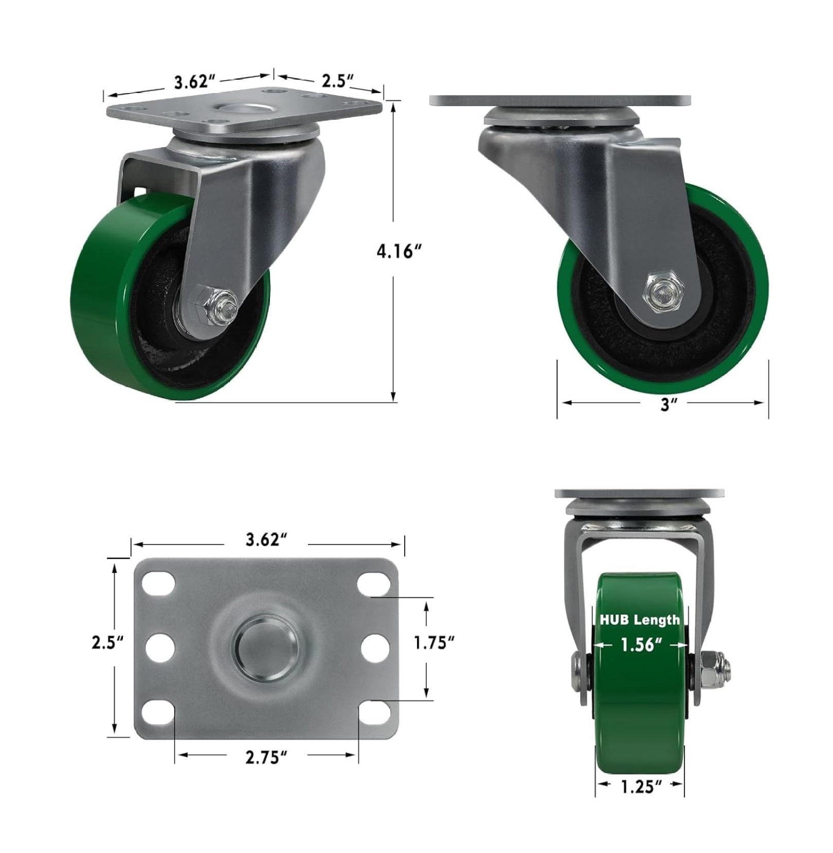 Caster Wheels, 3" Heavy Duty Industrial Casters Set of 4 with Load 1400lbs Capacity, Polyurethane Wheels for Cart Furniture(2 Swivel & 2 Rigid)