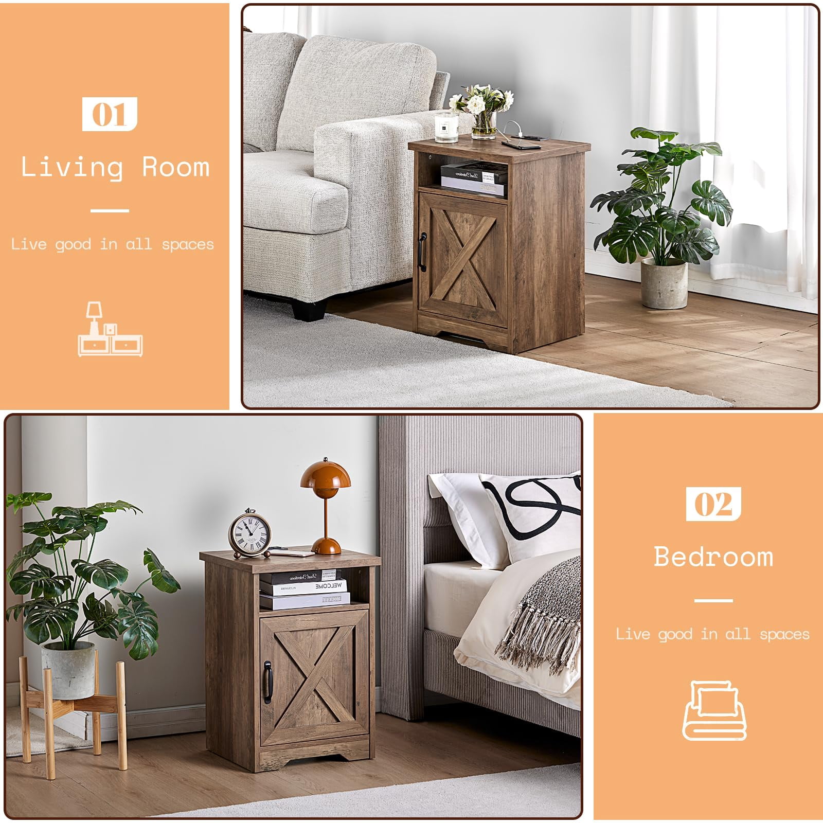 LUXOAK 3-Piece Farmhouse Table Set, Coffee Table & Two End Tables with Charging Station, Barnwood