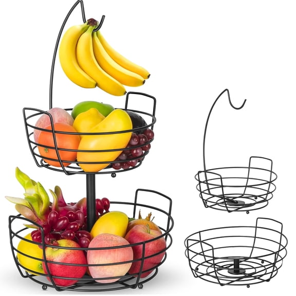 Fruit Basket, Fruit Bowl 2 Tier Fruit Rack for Kitchen, Fruit Bowl for Kitchen Counter, Detachable Fruit Holder with Banana Hanger - Black