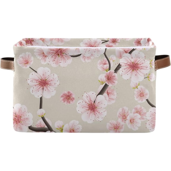 FREEAMG Pink Spring Cherry Blossoms Storage Basket, Durable Canvas Organizer With Handles Large Collapsible Storage Bins Boxes for Home Office - 1 Pack