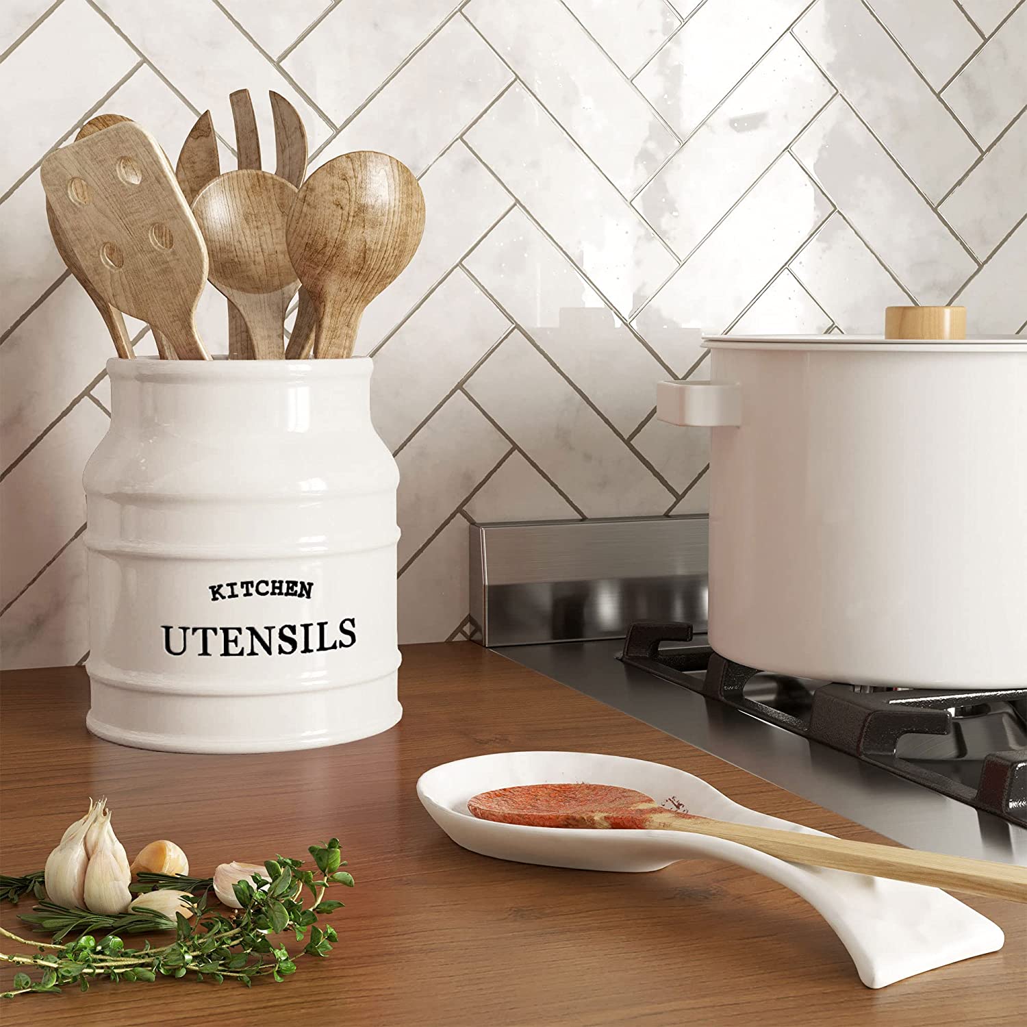 Ceramic Farmhouse Utensil Holder for Kitchen Counter, Large Rustic Utensil Crock, Countertop Cooking Tool Spatula Organizer, 6.75” (White)