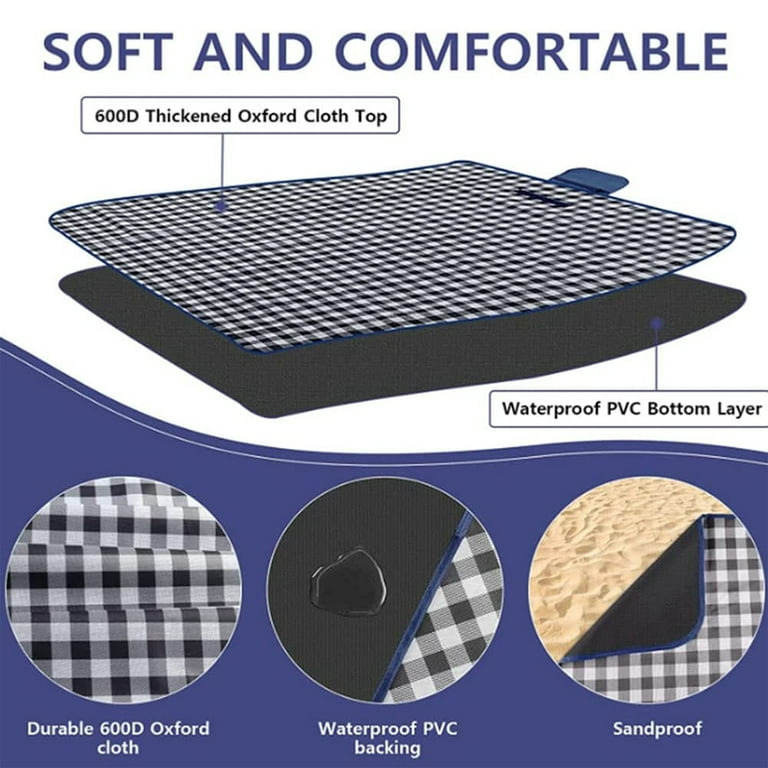 80" x 60" Outdoor Picnic Blanket, Extra Large Foldable Lightweight Waterproof Sand Mat for Beach Camping Hiking Park Patio, Dark Blue