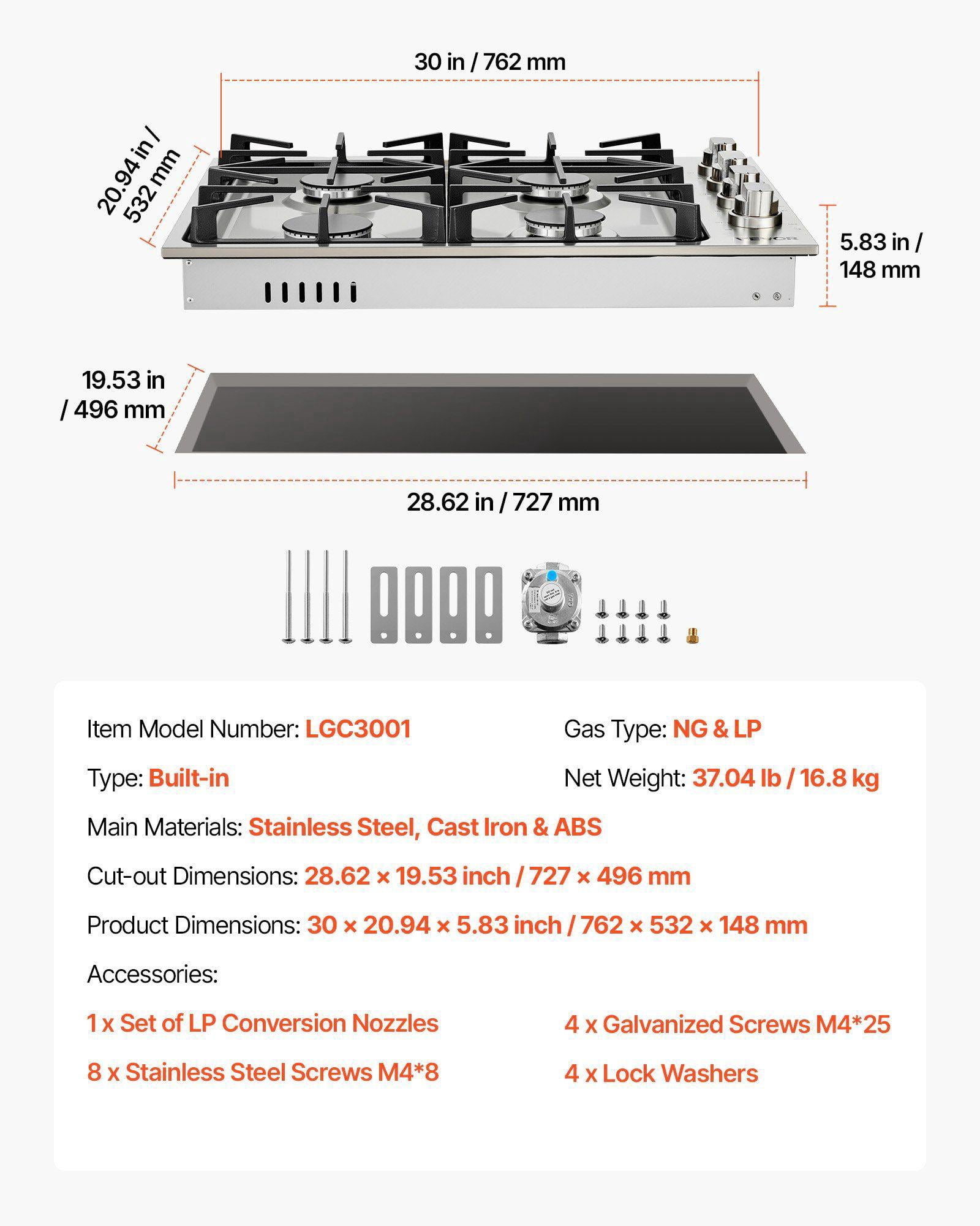 30 Inch 4 Burner Gas Cooktop 48000 BTU Stainless Steel Built In LPG NG Convertible Dual Fuel Sealed Burner Stove Top for Sear Stew Boil Stir Fry