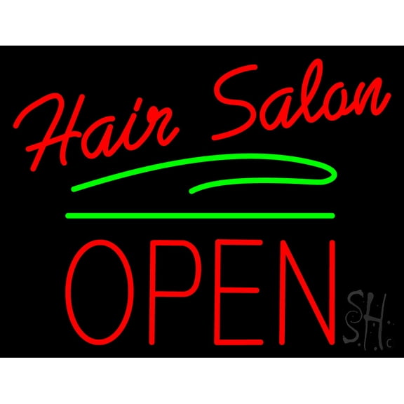 Hair Salon Block Open Green Line LED Neon Sign 15 x 19 - inches, Black Square Cut Acrylic Backing, with Dimmer - Bright and Premium built indoor LED Neon Sign for Defence Force.