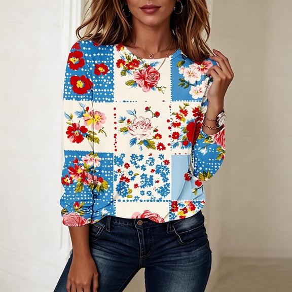 Noric Women Long Sleeve T-Shirt Loose Fit Casual Crew Neck Floral Print Fashion All Season Pullover Tops S-5XL