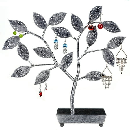 MyGift Tree Design Jewelry Hanger, Earring Necklace Holder with Ring Dish Tray, Silver