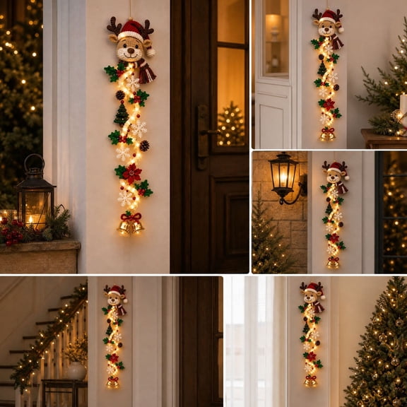 Glowing Christmas Door Hanger, Illuminated Xmas Door Hangings Decor, Warm Led Lighted Christmas Decorations Outdoor Indoor, for Front Door, Porch Column, Wall, Window(Reindeer)