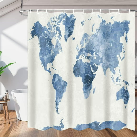 World Map Watercolor Shower Curtain Fabric Shower Curtain Set with 12 Hooks Water-Proof 72 * 72 Inches for Bathroom Beach Caravan Hotel