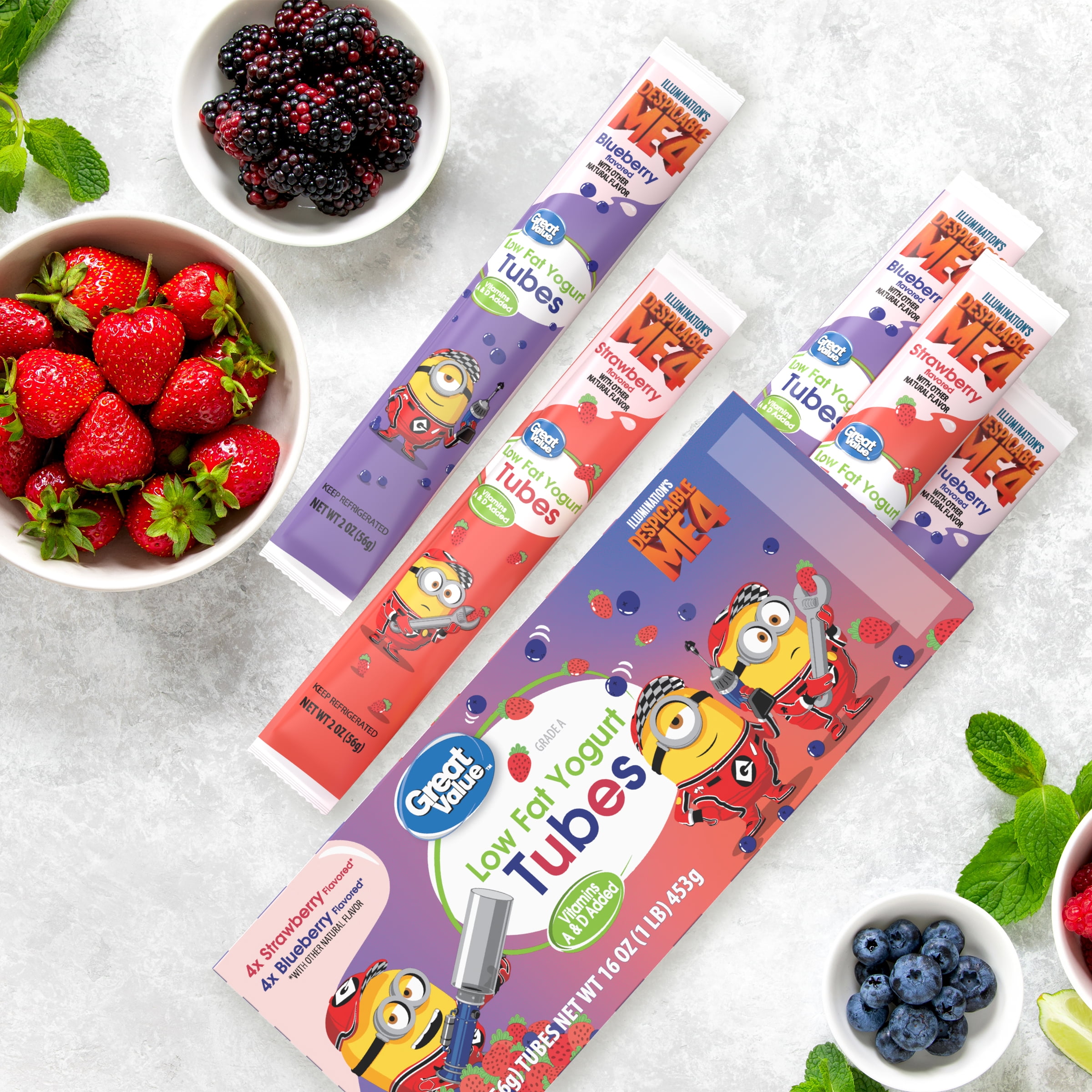 Great Value Kids Low-fat Blueberry & Strawberry Yogurt Variety Pack, 2 oz Yogurt Tubes, 8 Count