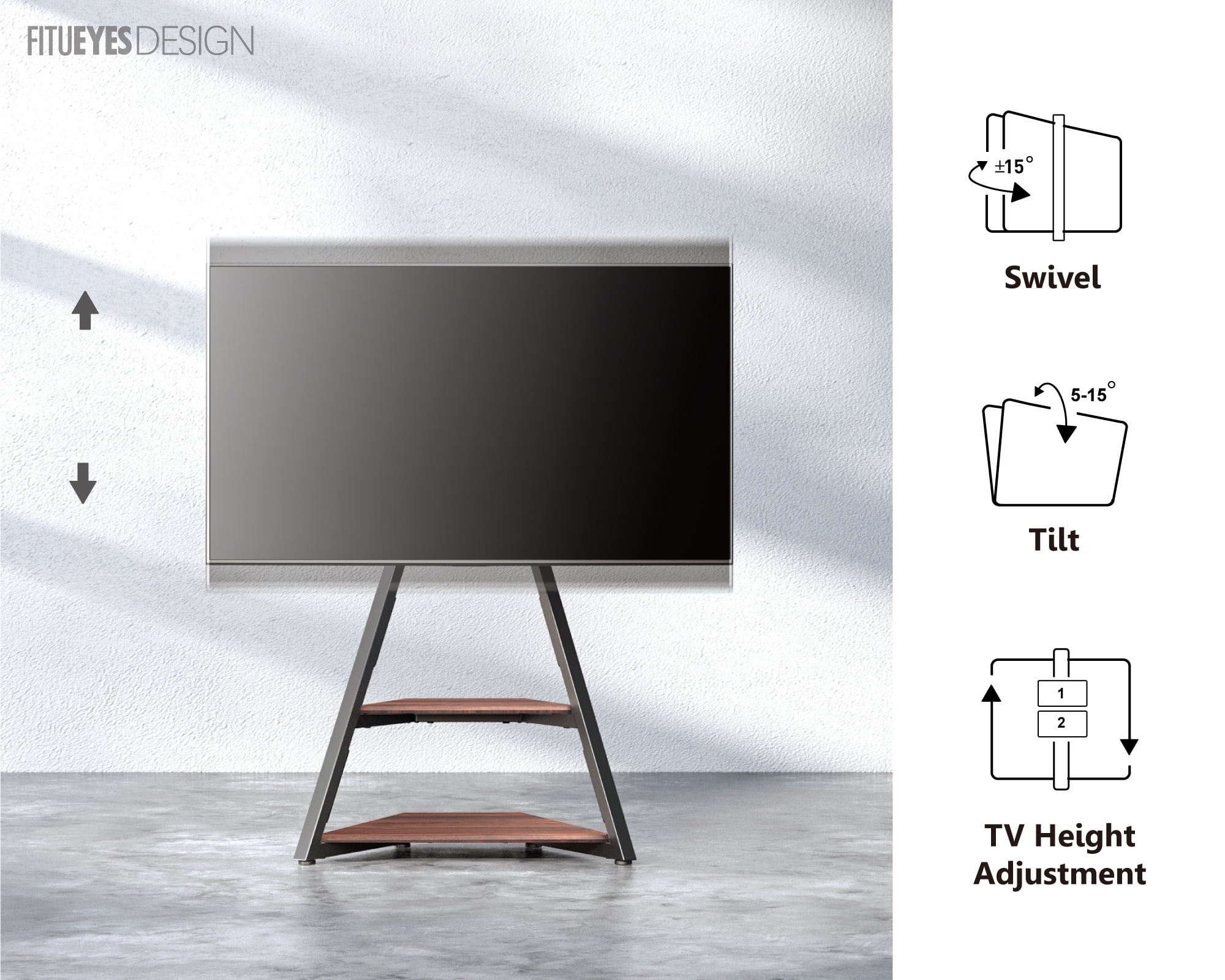 FITUEYES Modern Floor TV Stand Mini Corner Entertainment Center for TVs up to 65”, Walnut&Black