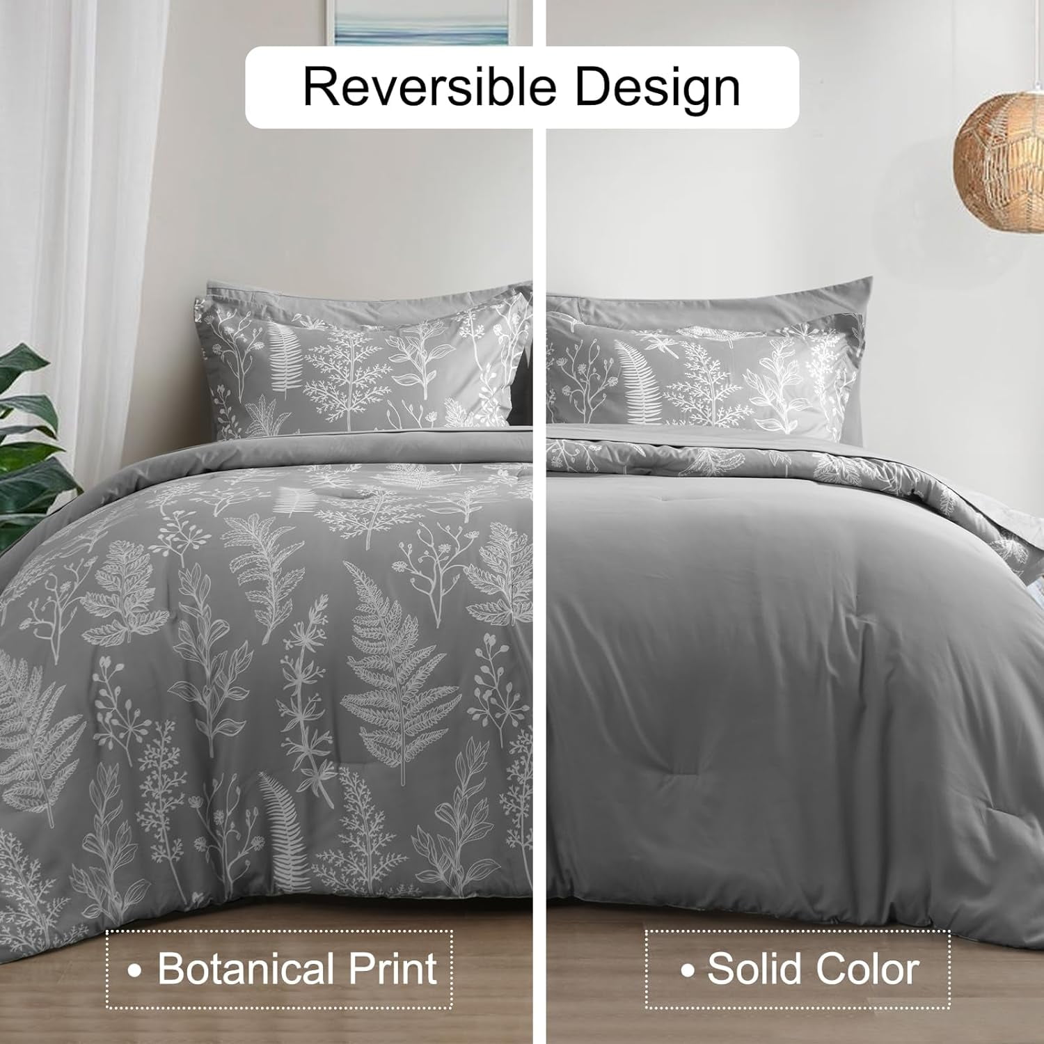 PHF 7 Pieces Printed King Comforter Set, Lightweight Reversible Botanical Bedding Set Include Comforter, Pillow Shams, Flat Sheet, Fitted Sheet and Pillowcases, Grey