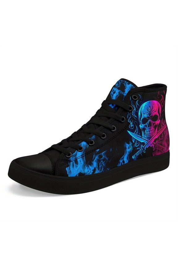 Men's Skull Sword High-Top Sneakers, Vibrant Flame Design, Breathable Fabric Upper & Rubber Sole, Lace-Up Casual Shoes for Halloween Gifts, Festival Footwear, Bold Graphic Casual Boots
