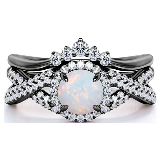 JeenMata Anillo de Bodas de 1,15 Quilates con Ópalo de Fuego Azul Redondo Vintage y Moissanita Engastado en Oro Negro de 18 K sobre Plata