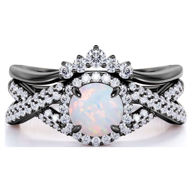 JeenMata Anillo de Bodas de 1,15 Quilates con Ópalo de Fuego Azul Redondo Vintage y Moissanita Engastado en Oro Negro de 18 K sobre Plata