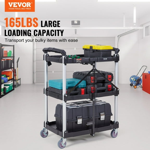 Heavy Duty 3-Tier Foldable Utility Cart, 165LBS Capacity Plastic Rolling Cart with Locking Wheels & Ergonomic Handle, Portable Tool Cart for Home, Garage, Warehouse (25.62"x15.43"x32.76")